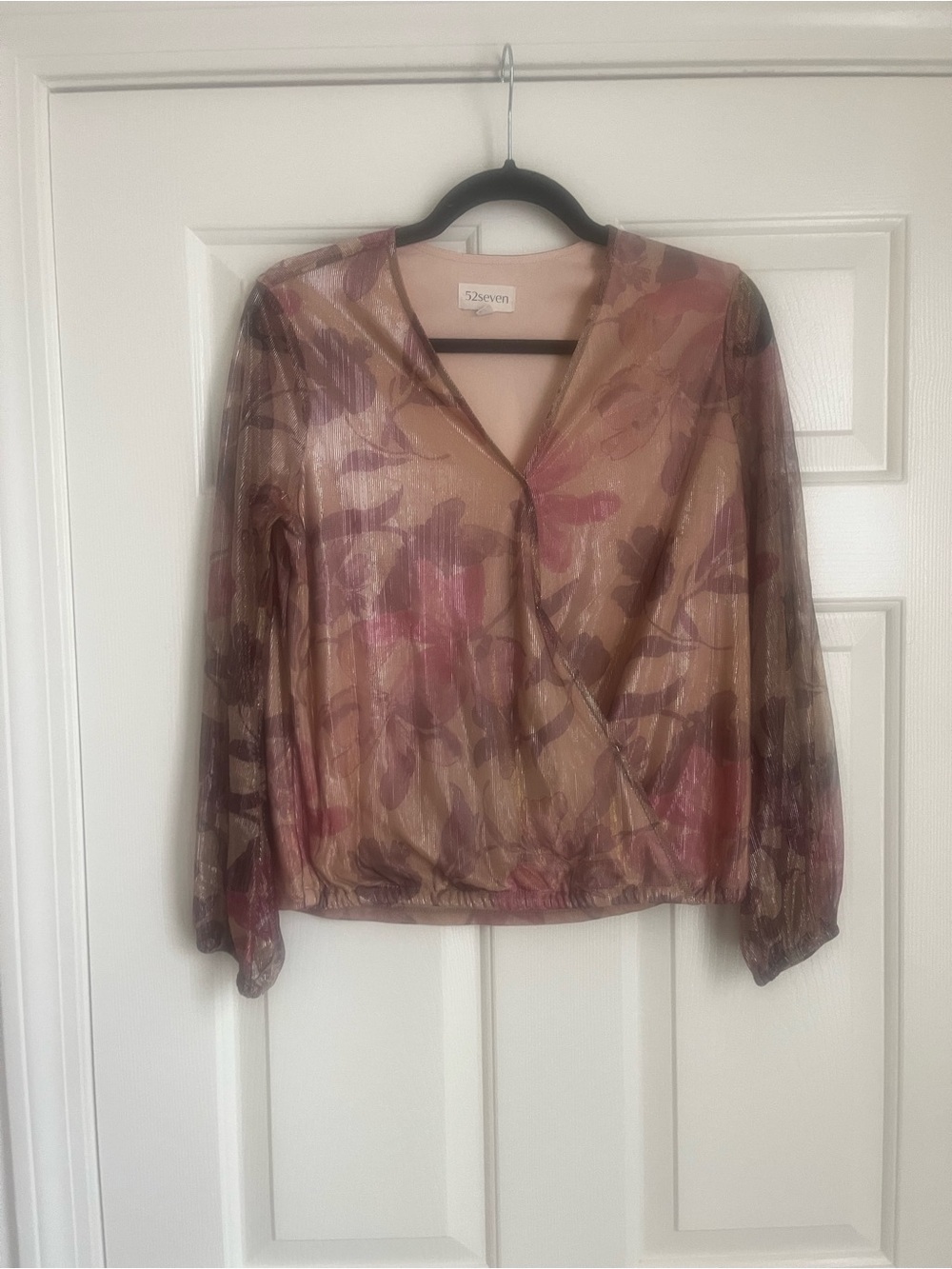 Sheer Floral Wrap Metallic Blouse